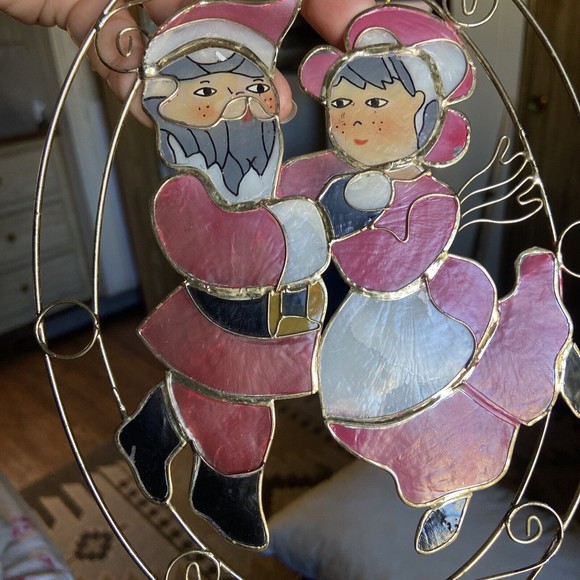 Vintage Capiz Shell Christmas Sun Catcher Santa and Mrs. Claus Holiday Decor - Picture 9 of 11